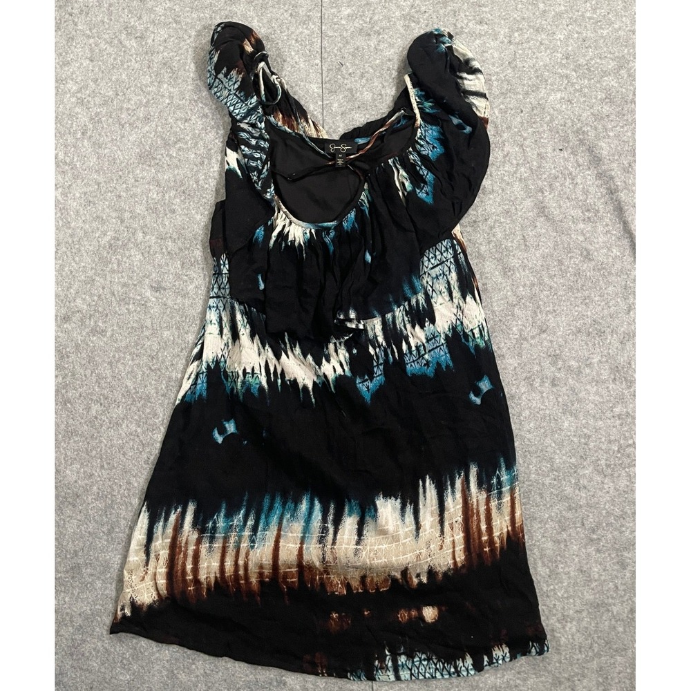 Jessica Simpson Luna Tie Dye Ruffle Neck Dress Black Blue JSWW13203-BTW Womens M